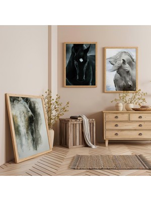 Ahşap Çerçeveli Siyah Beyaz Gri Atlar Üçlü Ahşap Tablo Seti
