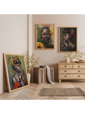 Ahşap Çerçeveli Afrikalı Kadınlar Üçlü Ahşap Tablo Seti