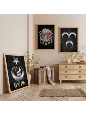 Ahşap Çerçeveli Osmanlı Tuğras ve Türklük Üçlü Ahşap Tablo Seti