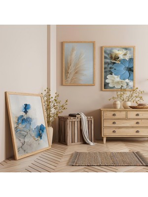 Ahşap Çerçeveli Mavi ve Bej Üçlü Ahşap Tablo Seti