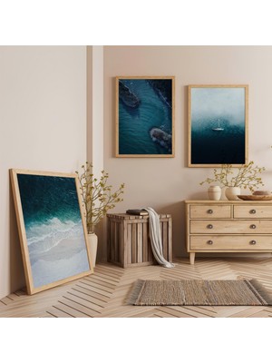 Ahşap Çerçeveli Mavi Yolculuk Üçlü Ahşap Tablo Seti