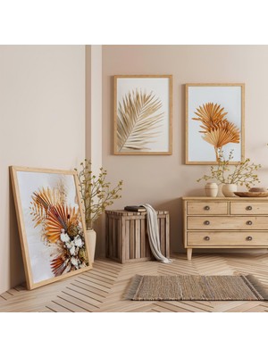 Ahşap Çerçeveli Kuru Yaprakların Dansı Üçlü Ahşap Tablo Seti