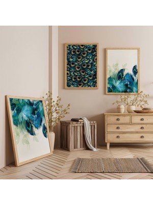 Ahşap Çerçeveli Mavi Tüylerin Büyüsü Üçlü Ahşap Tablo Seti