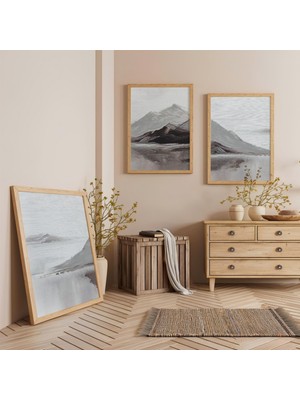 Ahşap Çerçeveli Dağ Üçlü Ahşap Tablo Seti