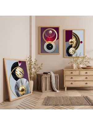 Ahşap Çerçeveli Altın Yörüngeler Üçlü Ahşap Tablo Seti