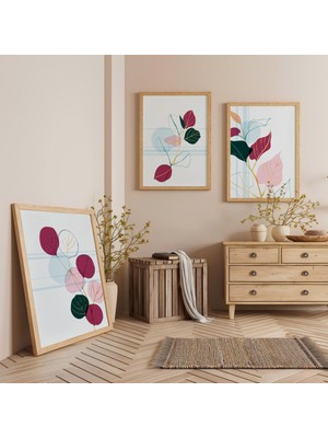 Ahşap Çerçeveli Zarif Yapraklar Üçlü Ahşap Tablo Seti