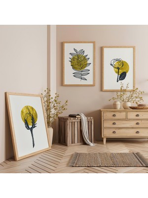 Ahşap Çerçeveli Minimalist Bitkiler Üçlü Ahşap Tablo Seti