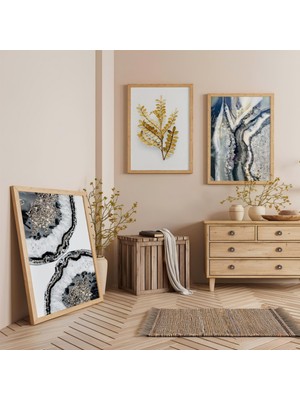 Ahşap Çerçeveli Kaya ve Çiçek Üçlü Ahşap Tablo Seti