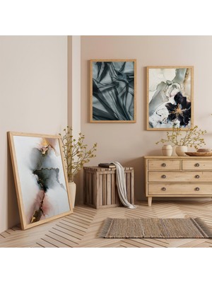 Ahşap Çerçeveli Soyut Harmoni Üçlü Ahşap Tablo Seti