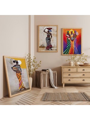 Ahşap Çerçeveli Afrikalı Kadınlar Üçlü Ahşap Tablo Seti