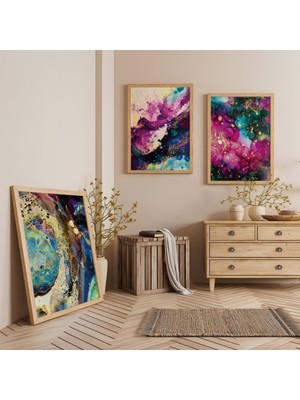 Ahşap Çerçeveli Renkli Modern Üçlü Ahşap Tablo Seti