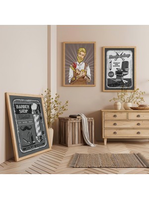 Ahşap Çerçeveli Erkek Berberi Üçlü Ahşap Tablo Seti