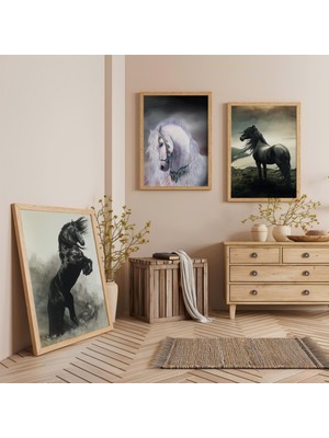 Ahşap Çerçeveli Siyah ve Beyaz Atlar Üçlü Ahşap Tablo Seti