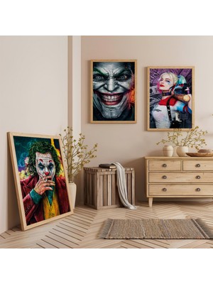 Ahşap Çerçeveli Jokerler ve Harley Quinn Üçlü Ahşap Tablo Seti
