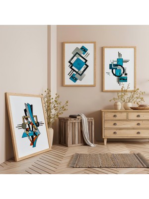 Ahşap Çerçeveli Geometrik Harmoni Üçlü Ahşap Tablo Seti