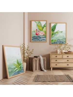 Ahşap Çerçeveli Flamingo Üçlü Ahşap Tablo Seti