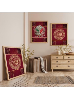 Ahşap Çerçeveli Osmanlı Tuğrası Üçlü Ahşap Tablo Seti