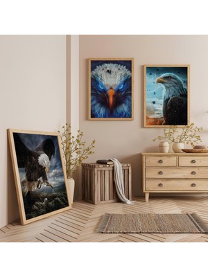 Ahşap Çerçeveli Kel Kartal Üçlü Ahşap Tablo Seti