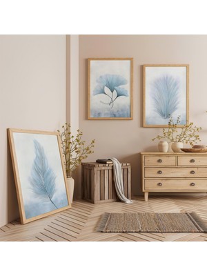 Ahşap Çerçeveli Maviye Dokunuş Üçlü Ahşap Tablo Seti