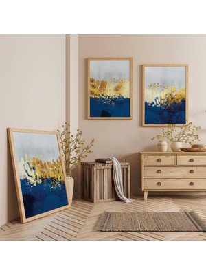 Ahşap Çerçeveli Altın ve Mavi Dalgalar Üçlü Ahşap Tablo Seti