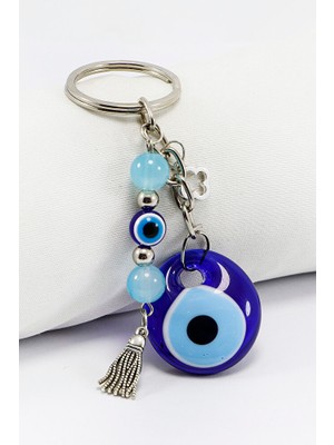 El Yapımı Cam Nazar Boncuklu Salkım Turkuaz Boncuklu Anahtarlık, Yeni Çanta Süsü