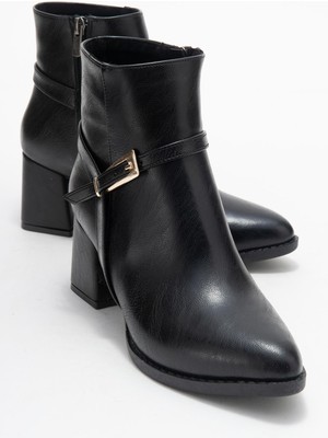 Sivri Burunlu Tokalı Kadın Topuklu Bot Siyah Cilt