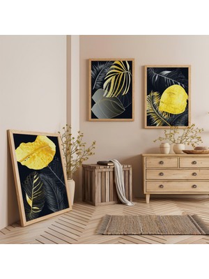 Ahşap Çerçeveli Geceye Düşen Yapraklar Üçlü Ahşap Tablo Seti