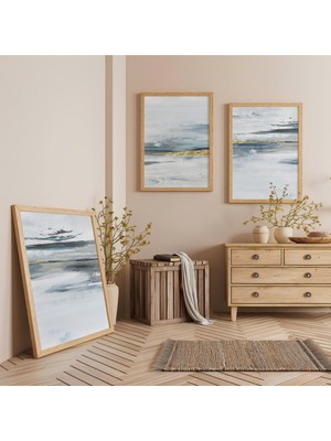 Ahşap Çerçeveli Sakin Ufuklar Üçlü Ahşap Tablo Seti