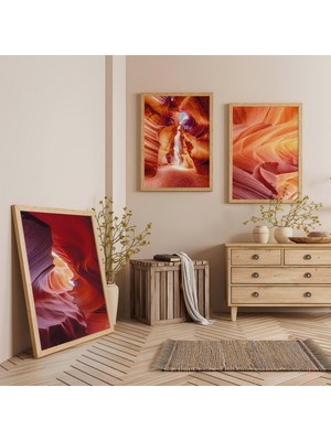 Ahşap Çerçeveli Kanyonun Sıcaklığı Üçlü Ahşap Tablo Seti