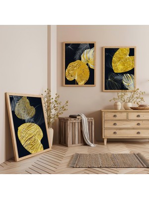 Ahşap Çerçeveli Altın Yaprakların Dansı Üçlü Ahşap Tablo Seti