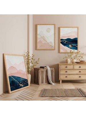 Ahşap Çerçeveli Pembe Ufuklar Üçlü Ahşap Tablo Seti