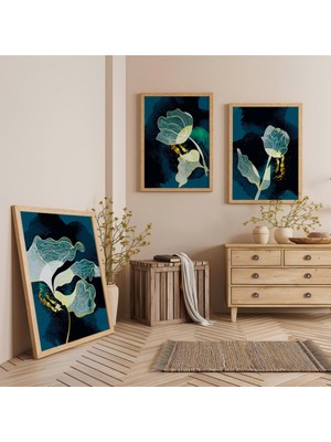 Ahşap Çerçeveli Gece Bahçesi Üçlü Ahşap Tablo Seti