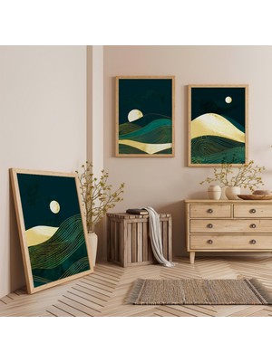 Ahşap Çerçeveli Gece Dağları Üçlü Ahşap Tablo Seti