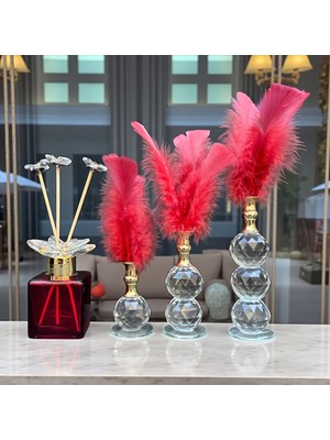 Peramari Kırmızı Tüylü Cam Şişe Oda Kokusu Seti – Dekoratif Kristal Görünümlü Difüzör