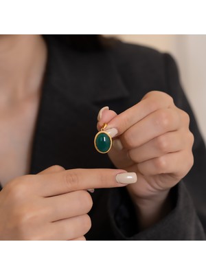 Bayar Gold 14 Ayar Altın Yeşil Akik Taşlı Oval Orta Boy Kolye Ucu