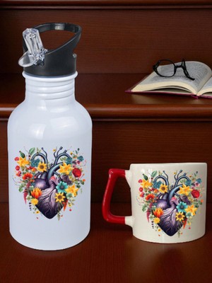 Çiçek ve Kalp Teması Baskılı 600 ml Matara ve Bardak - Su Matarası Suluk ve Bardak Seti