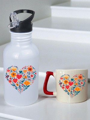 Çiçek Deseni Baskılı 600 ml Matara ve Bardak - Su Matarası Suluk ve Bardak Seti