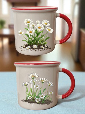 Topraklı Papatya 2'li Ağzı Kırmızı Bardak - Babalar Günü Için Hediyeler, Çocuk Doğum Günü Hediyesi