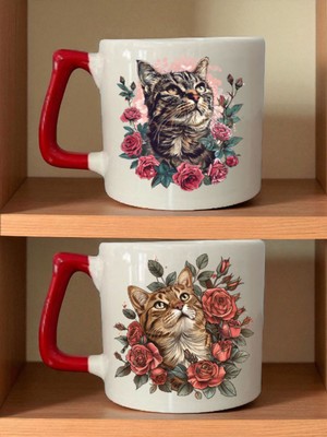 Çiçekler Kedi Kahve Bardağı - Anneler Günü Hediyesi, Doğum Günü Hediyelikleri