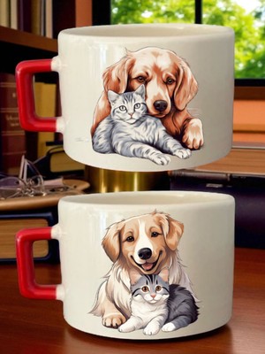 Sevimli Köpek Kedi Baskılı Kahve Fincanı - Anneye Doğum Günü Hediyesi, Anneanneye Doğum Günü Hediye