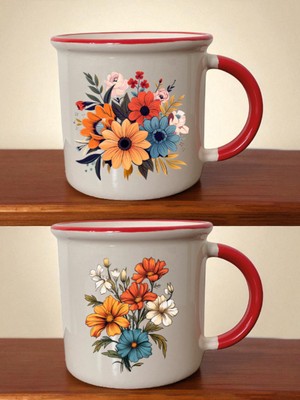 Çiçekler Baskılı Ağzı Kırmızı Kupa - Sevgililer Günü Hediyeleri, Sevgiliye Hediye