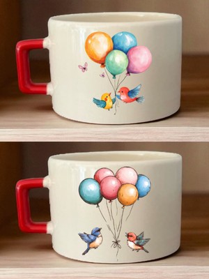 Balon ve Kuş Baskılı Kahve Fincanı - Annelere Hediye, Yeni Yıl Hediyesi, Anne Hediyeleri