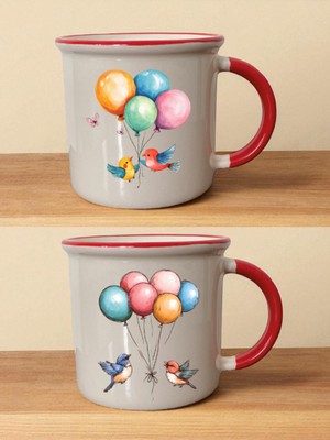 Balon ve Kuş Baskılı Ağzı Kırmızı Bardak - Erkeklere Doğum Günü Hediyesi, Babalara Hediye