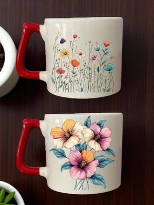 Çiçekler Baskılı 2'li Kupa - Doğum Günü Için Hediyeler, Doğum Gününde Alınacak Hediyeler