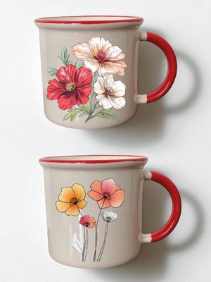 Çiçekler 2'li Ağzı Kırmızı Bardak - Sevgiliye Hediye Kutusu Ürünü, En Güzel Doğum Günü Hediyesi