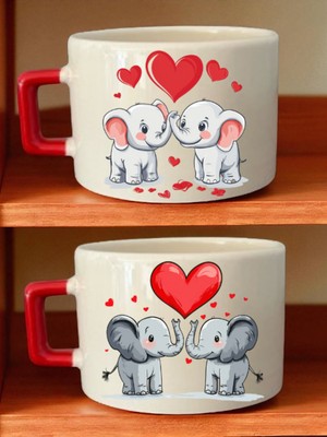 Kalp ve Fil Baskılı 2'li Kahve Fincanı - Babaya Alınacak Hediyeler, Annelere Doğum Günü Hediyesi