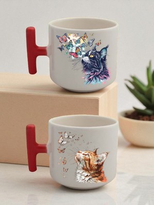 Kelebek ve Kedi 2'li Latte Bardağı - Hediye Paketleri Ürünü, Anneler Için Doğum Günü Hediyesi