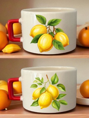 Limon Teması 2'li Kahve Fincanı - Hediye Kutusu Hazırlama Ürünü, Kocaya Hediye, Resimli Hediyeler