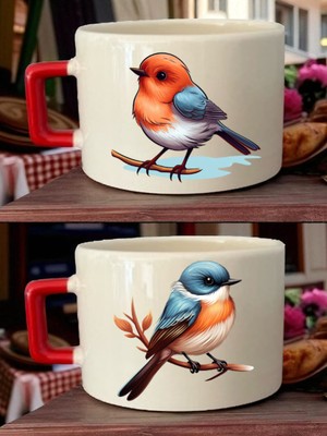 Sevimli Kuş Baskılı Kahve Fincanı - Annelere Hediye, Yeni Yıl Hediyesi, Anne Hediyeleri