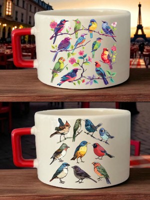 Yan Yana Kuş Baskılı Kahve Fincanı - Annelere Hediye, Yeni Yıl Hediyesi, Anne Hediyeleri